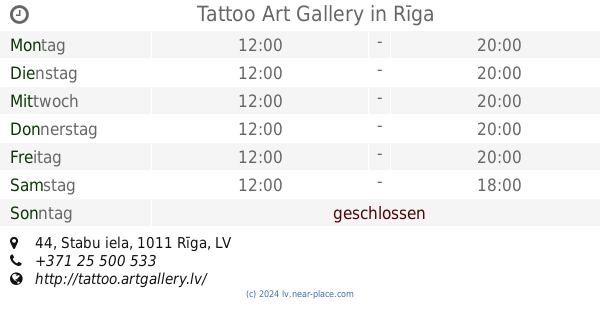 🕗 Tattoo Art Gallery Rīga öffnungszeiten, 44, Stabu iela, tel. +371 25 500  533